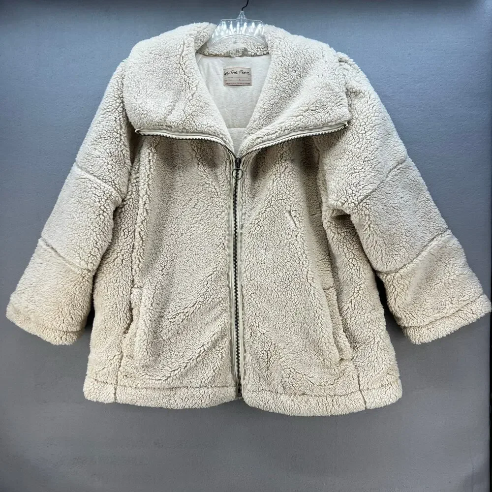 We The Free Sherpa Coat Woman's L Beige Raya Teddy Full Zip Preppy Winter Gear - Picture 1 of 10